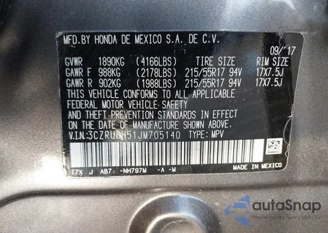 2018 Honda Hr-V Ex from USA, damaged, VIN 3CZRU6H51JM705140